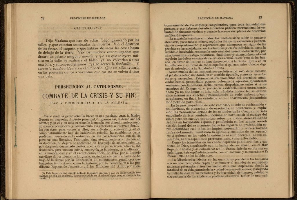 Madre Matiana (Matiana del Espíritu Santo, sirvienta y mística del convento de San Jerónimo en la Ciudad de México) recopila visiones y profecías apocalípticas sobre guerras, crisis sociales y el destino de la Iglesia católica. [1] (https://www.facebook.com/kmcero.centrohistorico/posts/en-el-convento-de-san-jer%C3%B3nimo-la-madre-matiana-tuvo-visiones-que-en-1837-la-mad/1257110762798939/), [2] (http://cdigital.dgb.uanl.mx/la/1080012134/1080012134_12.pdf), [3] (https://www.facebook.com/ABCDigital/posts/mar%C3%ADa-epifania-fue-una-joven-que-adquiri%C3%B3-conocimientos-misteriosamente-tras-sal/10161528070890323/)