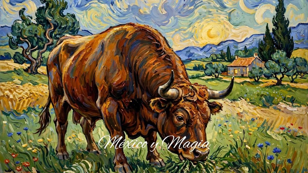 Pintura al óleo de un toro marrón pastando en un prado con flores bajo un cielo con remolinos estilo Van Gogh